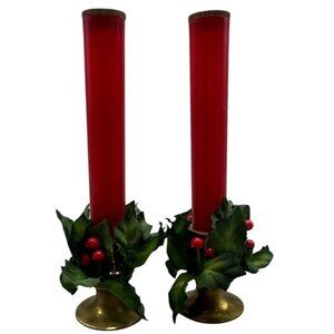 Vintage Brass & Red Welcome candles holidays Holly Accents Not Tested READ